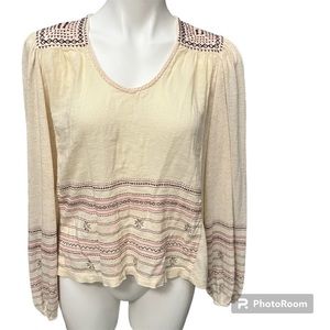 Lucky Brand Cream Boho Style Long Sleeve Embroidered Peasant Top - Size Small